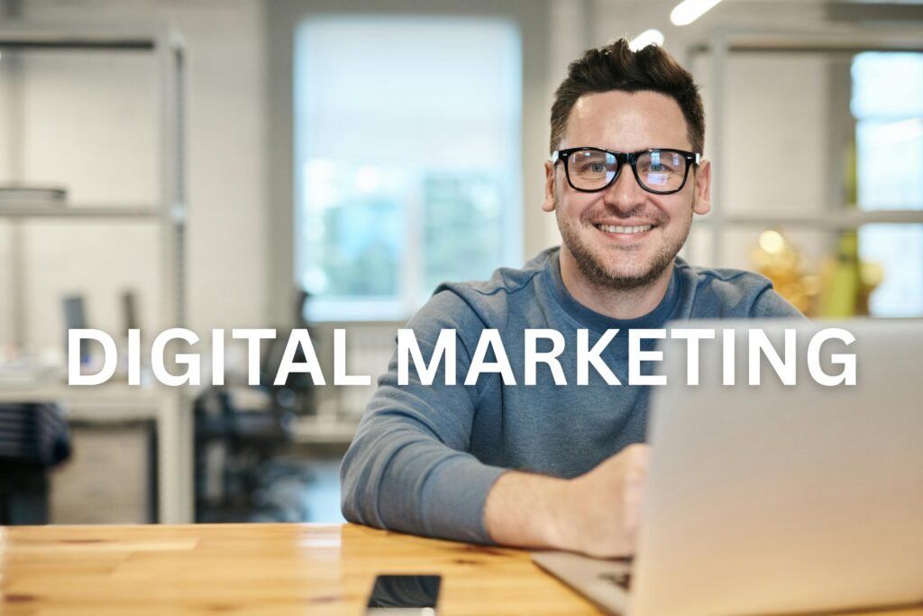 Digital marketing strategy on a laptop screen with charts and graphs