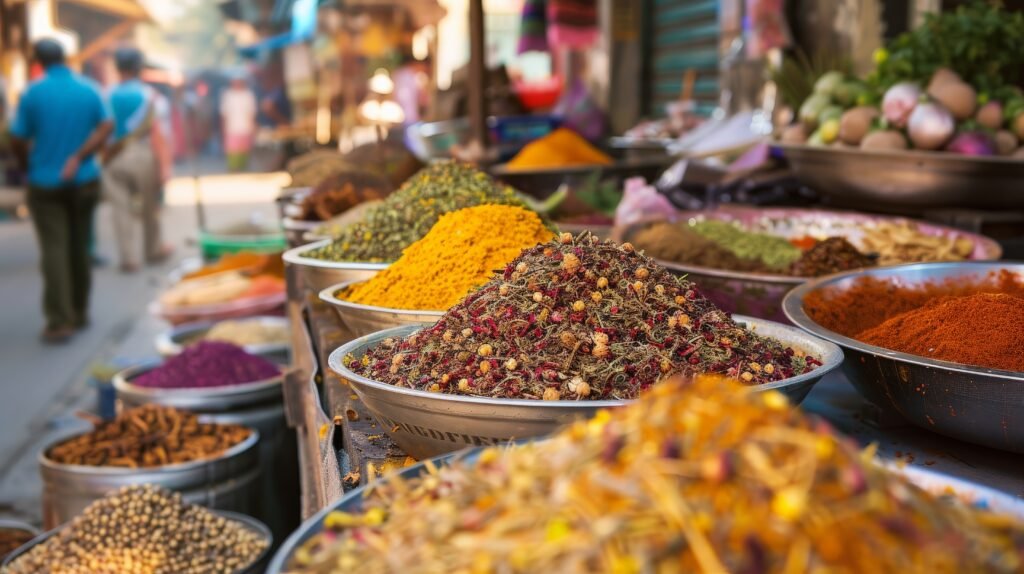 Various colorful spices displayed in large metal bowls at Mapusa Market in Goa.