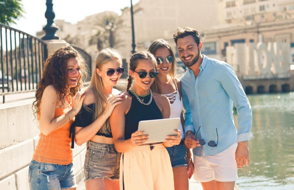 Friends enjoying a group travel adventure together