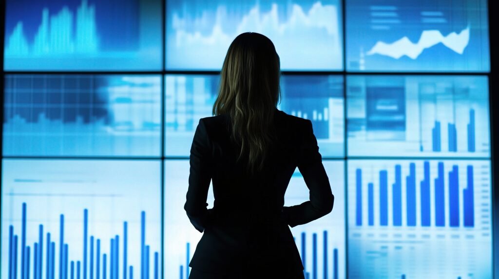 Illustration showing data driven marketing strategy with graphs, analytics, and digital tools used to improve business performance