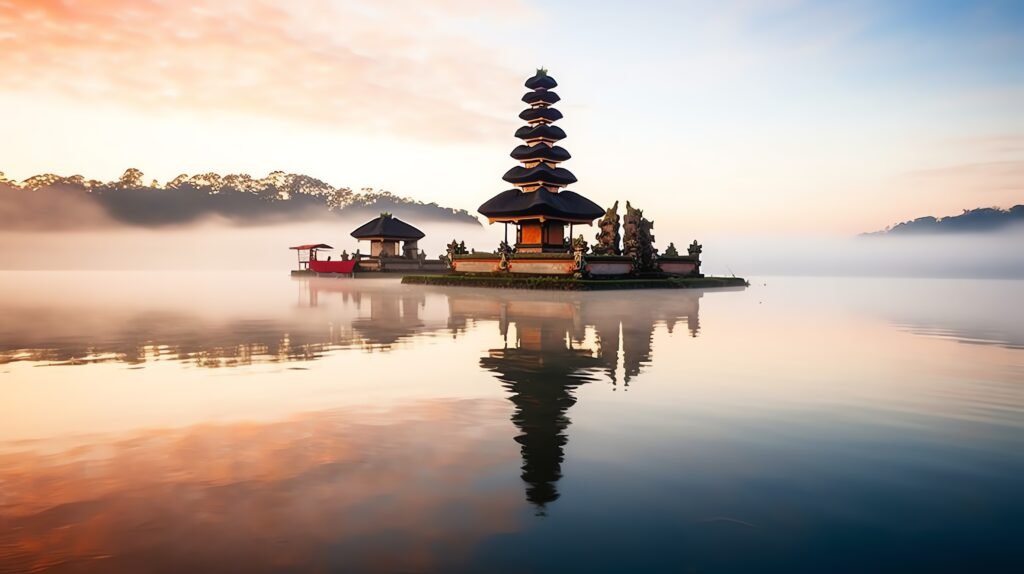 Ancient pura ulun danu bratan, besakih or famous hindu temple and tourist in bali island at sunrise
