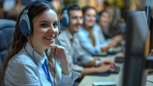 Telemarketer speaking on the phone with a headset in an office setting.