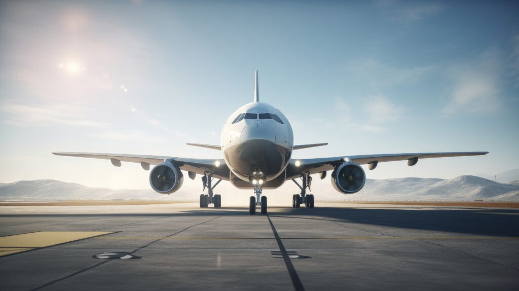 Front view of a commercial airplane on the runway with mountains in the background under a clear sky.